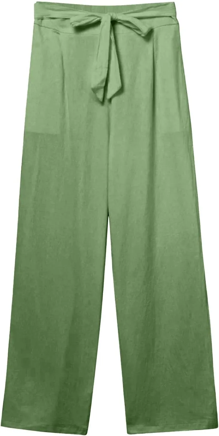 Linen Pants Women Drawstring Plus Size High Waisted Casual Pants Summer Beach Pants Soft Cotton Linen Pants with Pockets