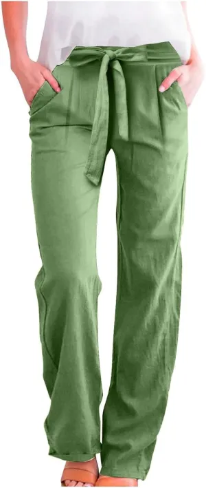 Linen Pants Women Drawstring Plus Size High Waisted Casual Pants Summer Beach Pants Soft Cotton Linen Pants with Pockets
