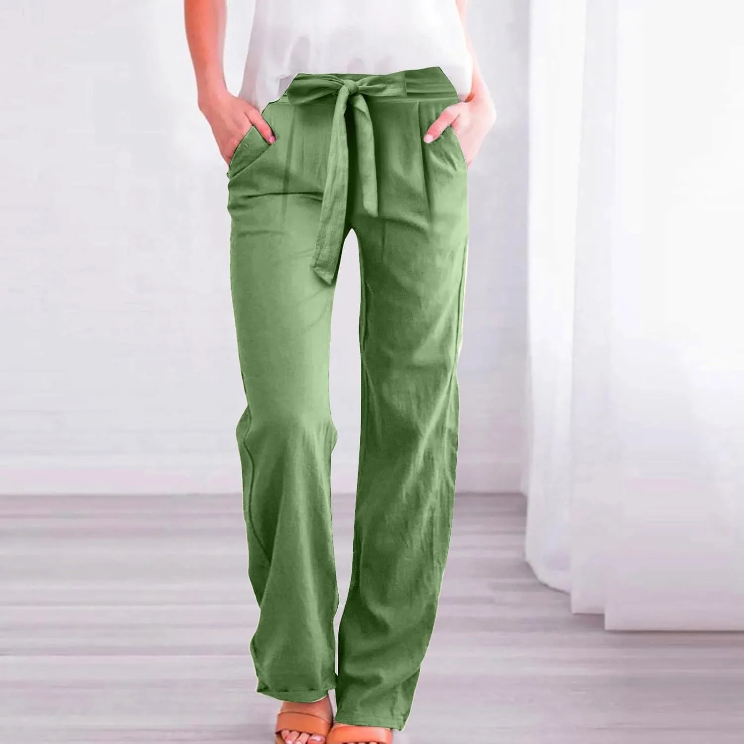Linen Pants Women Drawstring Plus Size High Waisted Casual Pants Summer Beach Pants Soft Cotton Linen Pants with Pockets