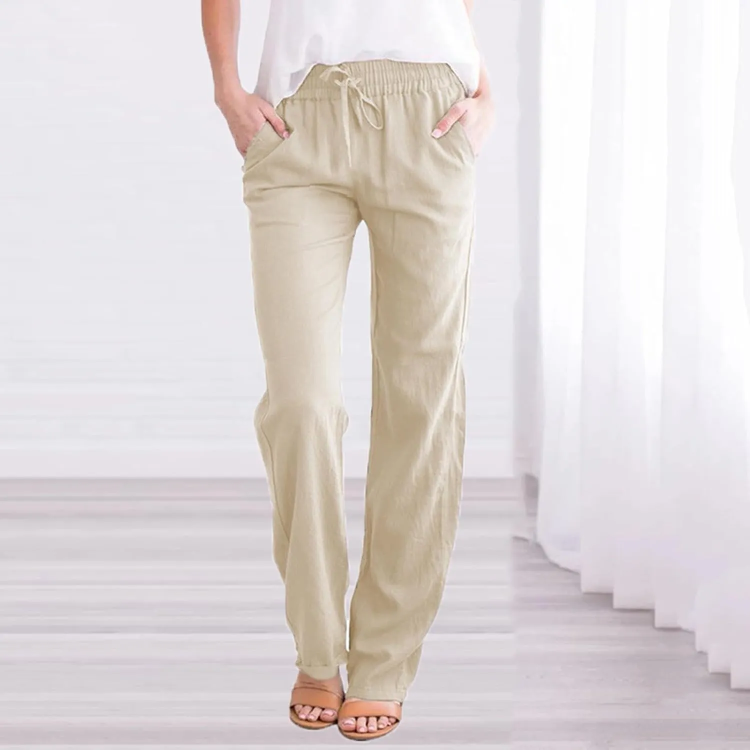 Linen Pants Women Long Linen Pants for Women White Linen Pants Women Wide Leg Pants Woman Elastic Drastring Trousers