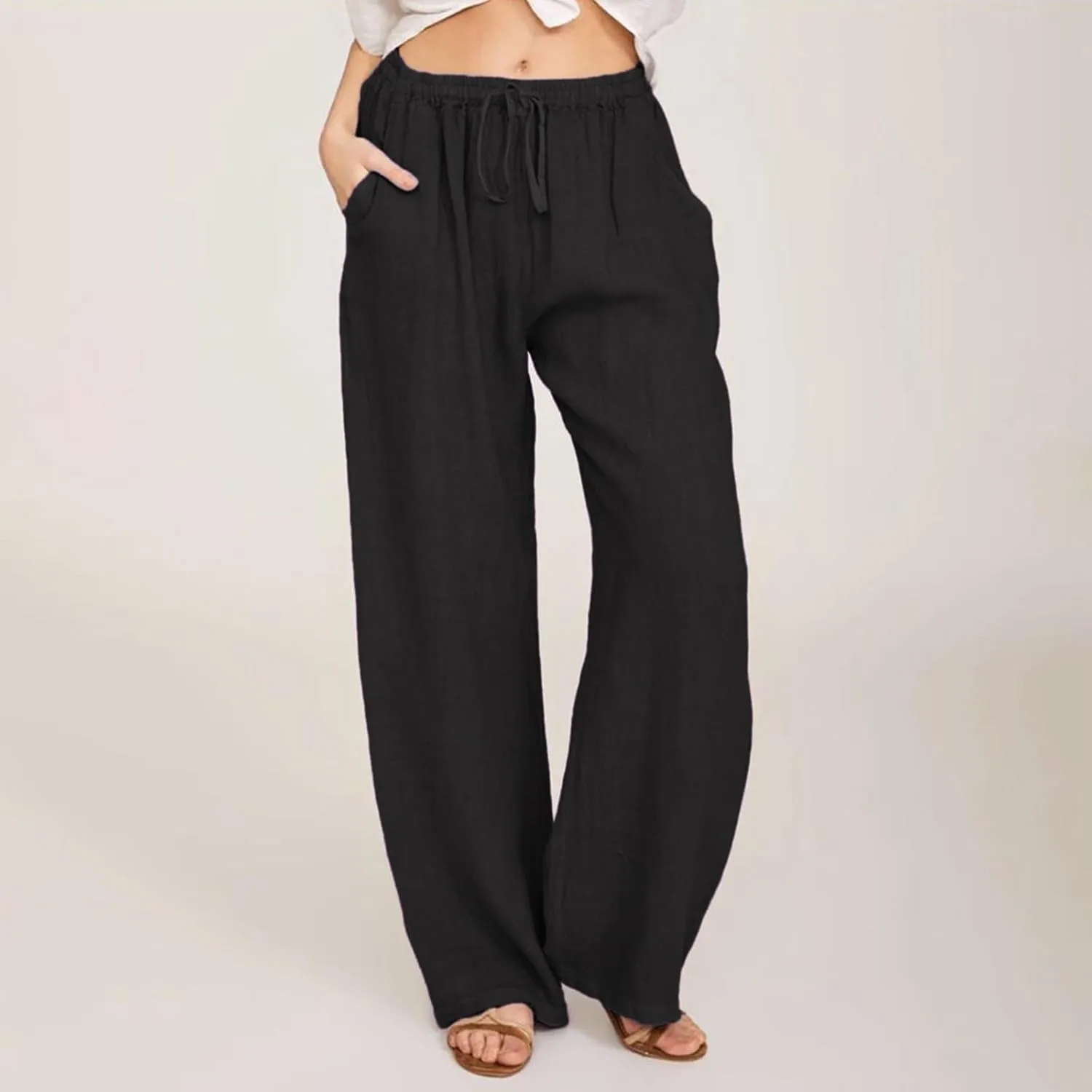 Linen Pants Women Summer Loose Wide Leg Palazzo Pants Beach Pants Straight Leg High Waisted Pants with Pockets