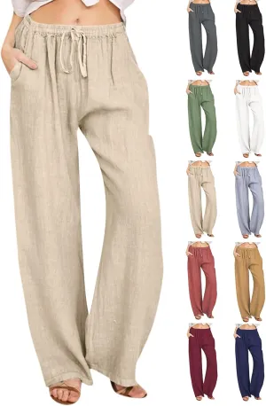 Linen Pants Women Summer Loose Wide Leg Palazzo Pants Beach Pants Straight Leg High Waisted Pants with Pockets
