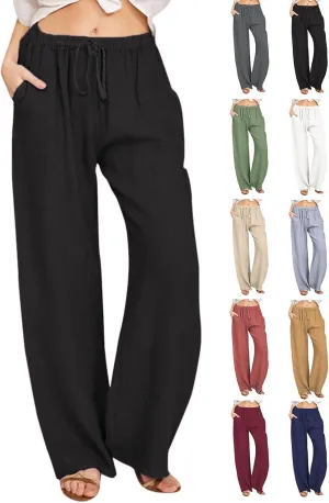 Linen Pants Women Summer Loose Wide Leg Palazzo Pants Beach Pants Straight Leg High Waisted Pants with Pockets