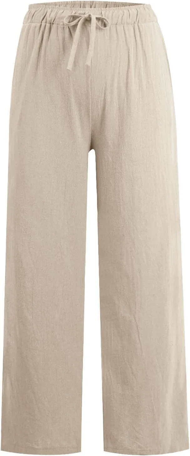 Linen Pants Women Summer Loose Wide Leg Palazzo Pants Beach Pants Straight Leg High Waisted Pants with Pockets