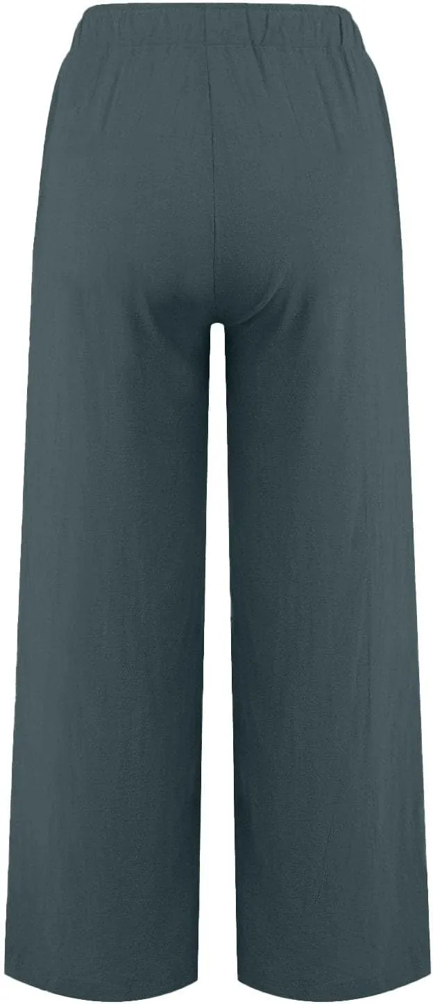 Linen Pants Women Summer Wide Leg Pants Drawstring Elastic Waist Pants High Waisted Lounge Pants Casual Beach Trousers