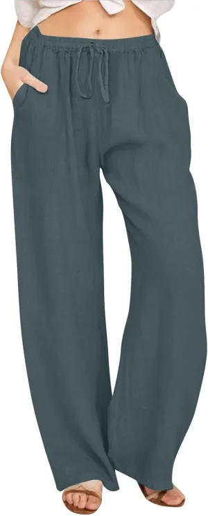 Linen Pants Women Summer Wide Leg Pants Drawstring Elastic Waist Pants High Waisted Lounge Pants Casual Beach Trousers