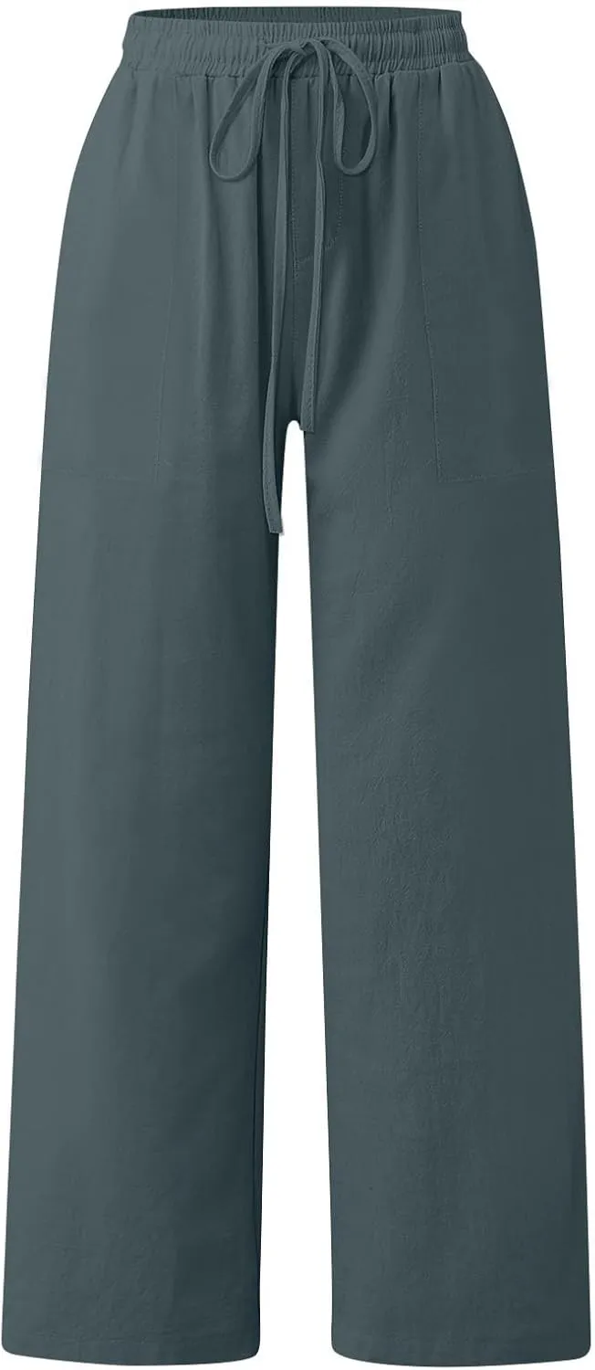 Linen Pants Women Summer Wide Leg Pants Drawstring Elastic Waist Pants High Waisted Lounge Pants Casual Beach Trousers