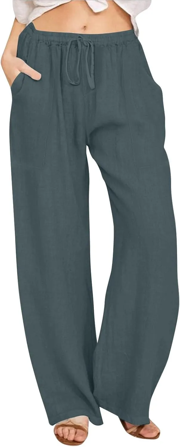 Linen Pants Women Summer Wide Leg Pants Drawstring Elastic Waist Pants High Waisted Lounge Pants Casual Beach Trousers
