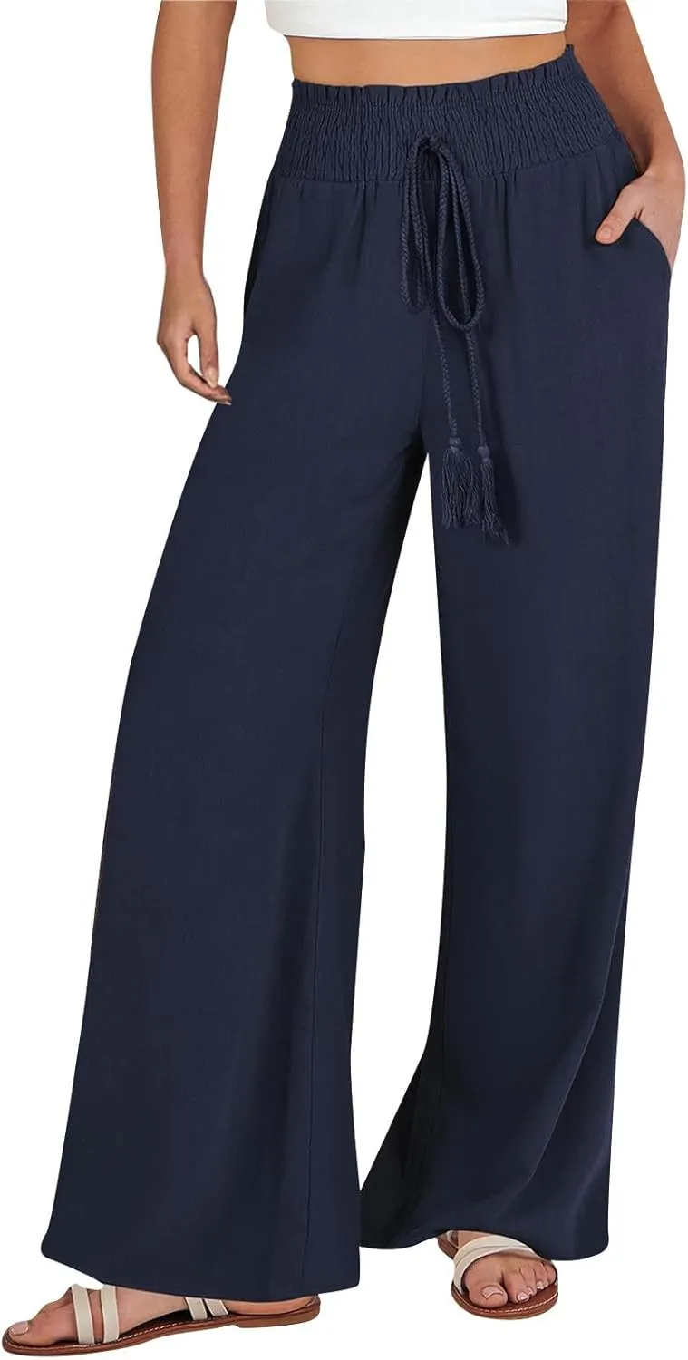 Linen Pants Women Wide Leg High Waist Palazzo Pants Summer Beach Flowy Pants Casual Lounge Pants Elastic Waist Trousers