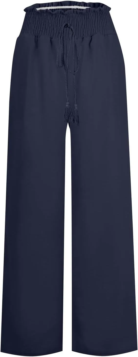 Linen Pants Women Wide Leg High Waist Palazzo Pants Summer Beach Flowy Pants Casual Lounge Pants Elastic Waist Trousers