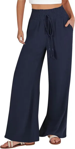 Linen Pants Women Wide Leg High Waist Palazzo Pants Summer Beach Flowy Pants Casual Lounge Pants Elastic Waist Trousers
