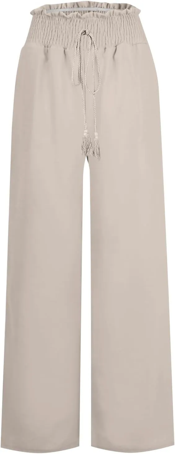 Linen Pants Women Wide Leg High Waist Palazzo Pants Summer Beach Flowy Pants Casual Lounge Pants Elastic Waist Trousers