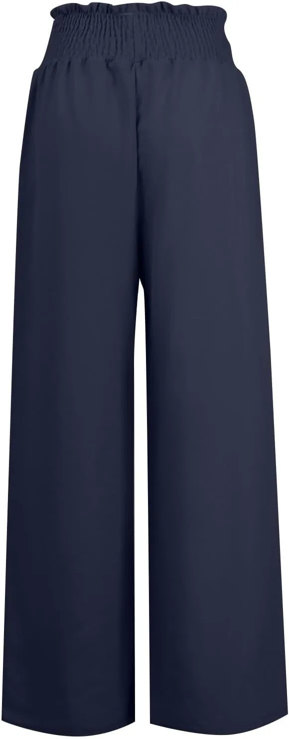 Linen Pants Women Wide Leg High Waist Palazzo Pants Summer Beach Flowy Pants Casual Lounge Pants Elastic Waist Trousers
