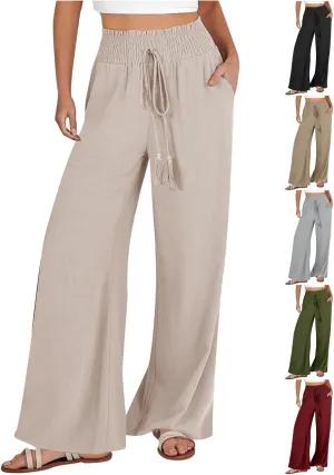 Linen Pants Women Wide Leg High Waist Palazzo Pants Summer Beach Flowy Pants Casual Lounge Pants Elastic Waist Trousers