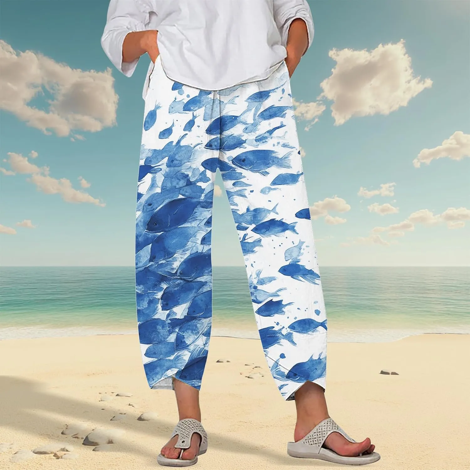 LOAIHA Japanese Pants Cotton Pants Women Wide Leg Elastic Waist Capri Pants Casual Y2k Pants Cropped Trousers with Pockets