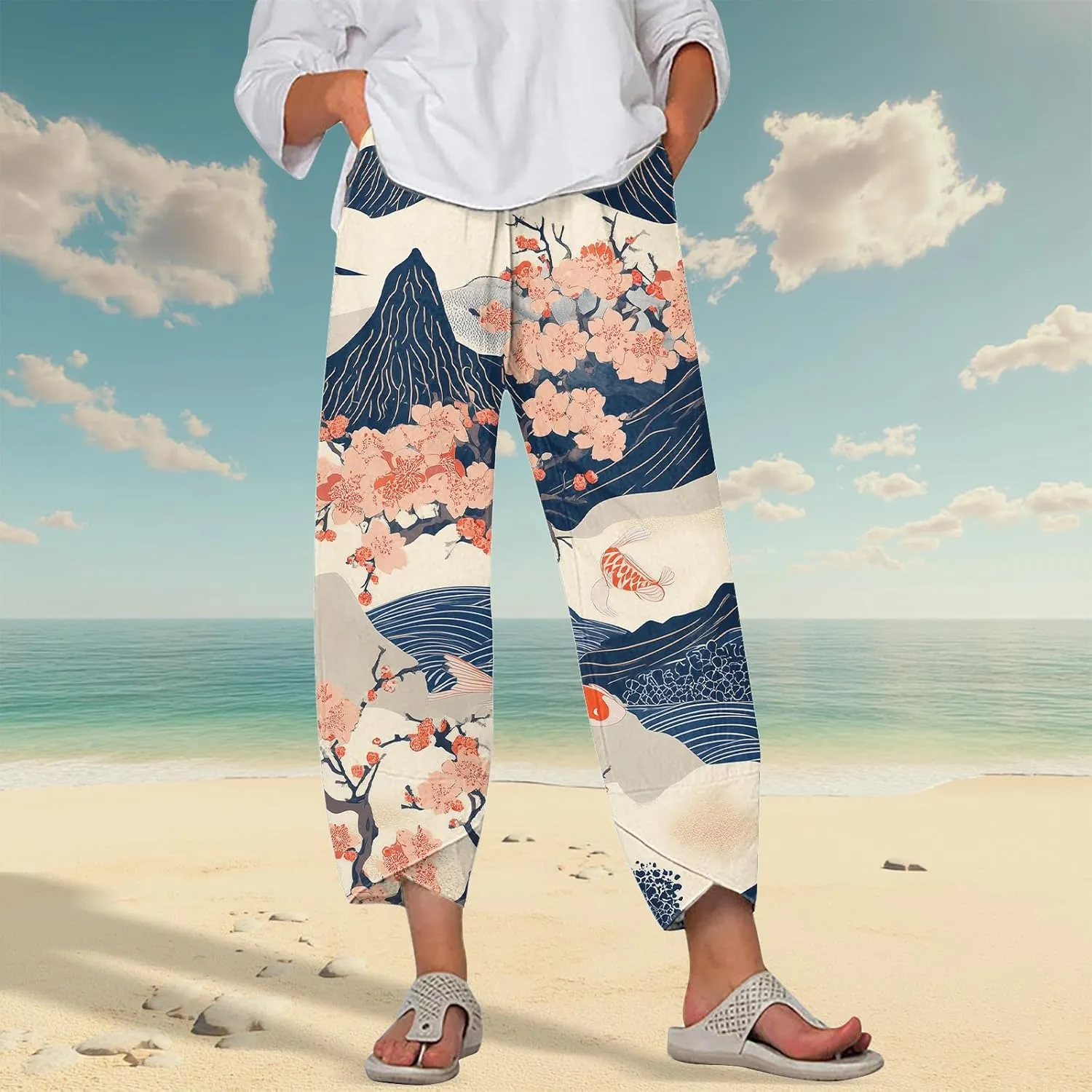 LOAIHA Japanese Pants Cotton Pants Women Wide Leg Elastic Waist Capri Pants Casual Y2k Pants Cropped Trousers with Pockets