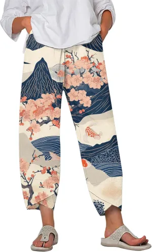 LOAIHA Japanese Pants Cotton Pants Women Wide Leg Elastic Waist Capri Pants Casual Y2k Pants Cropped Trousers with Pockets