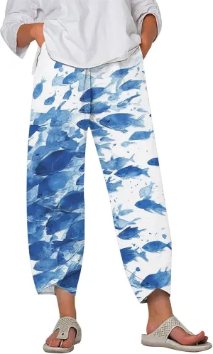 LOAIHA Japanese Pants Cotton Pants Women Wide Leg Elastic Waist Capri Pants Casual Y2k Pants Cropped Trousers with Pockets
