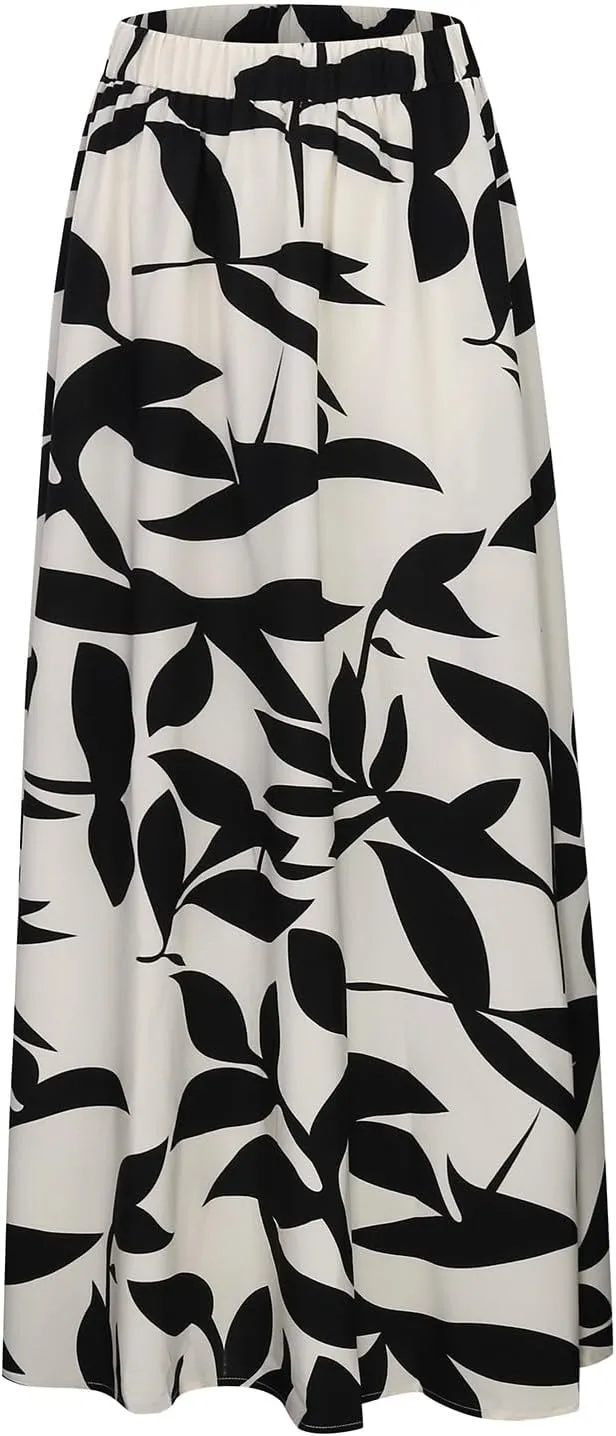 Long Flowy Floral Skirts for Women High Elastic Waist Summer Pleated A Line Maxi Smocked Boho Beach Skirts