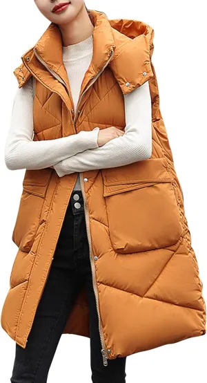 Long Puffer Vest Women Quilted Hooded Zip Up Sleeveless Outerwear Padded Quilted Jackets Winter Trendy Coat 2024