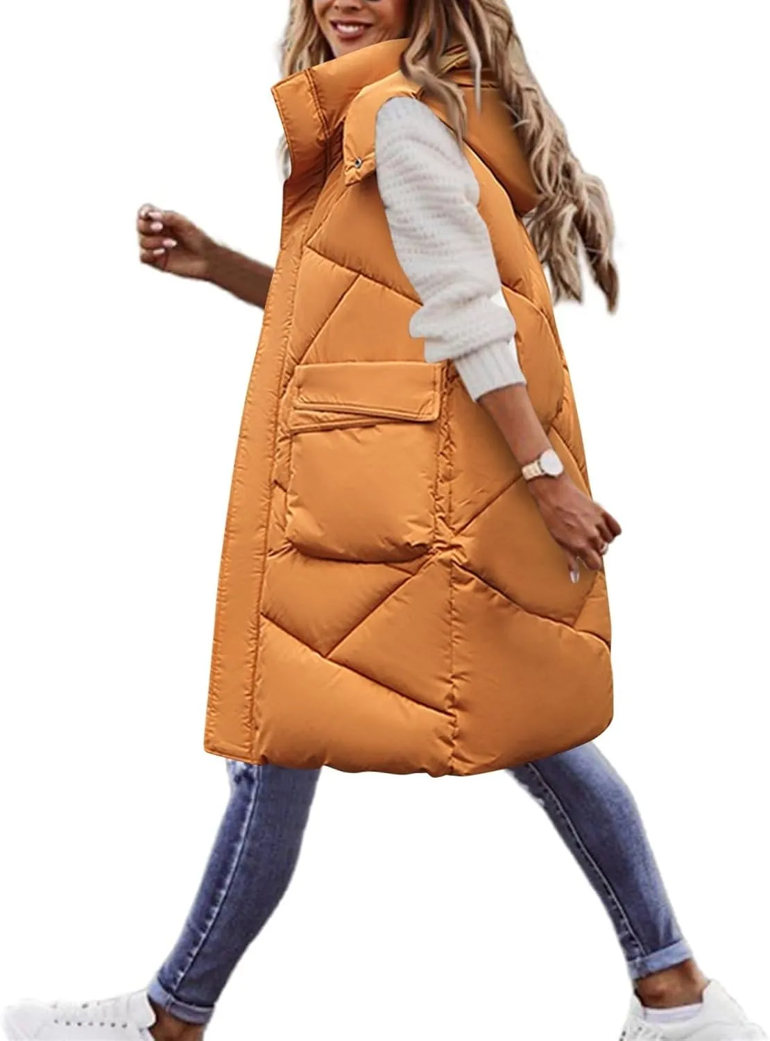 Long Puffer Vest Women Quilted Hooded Zip Up Sleeveless Outerwear Padded Quilted Jackets Winter Trendy Coat 2024