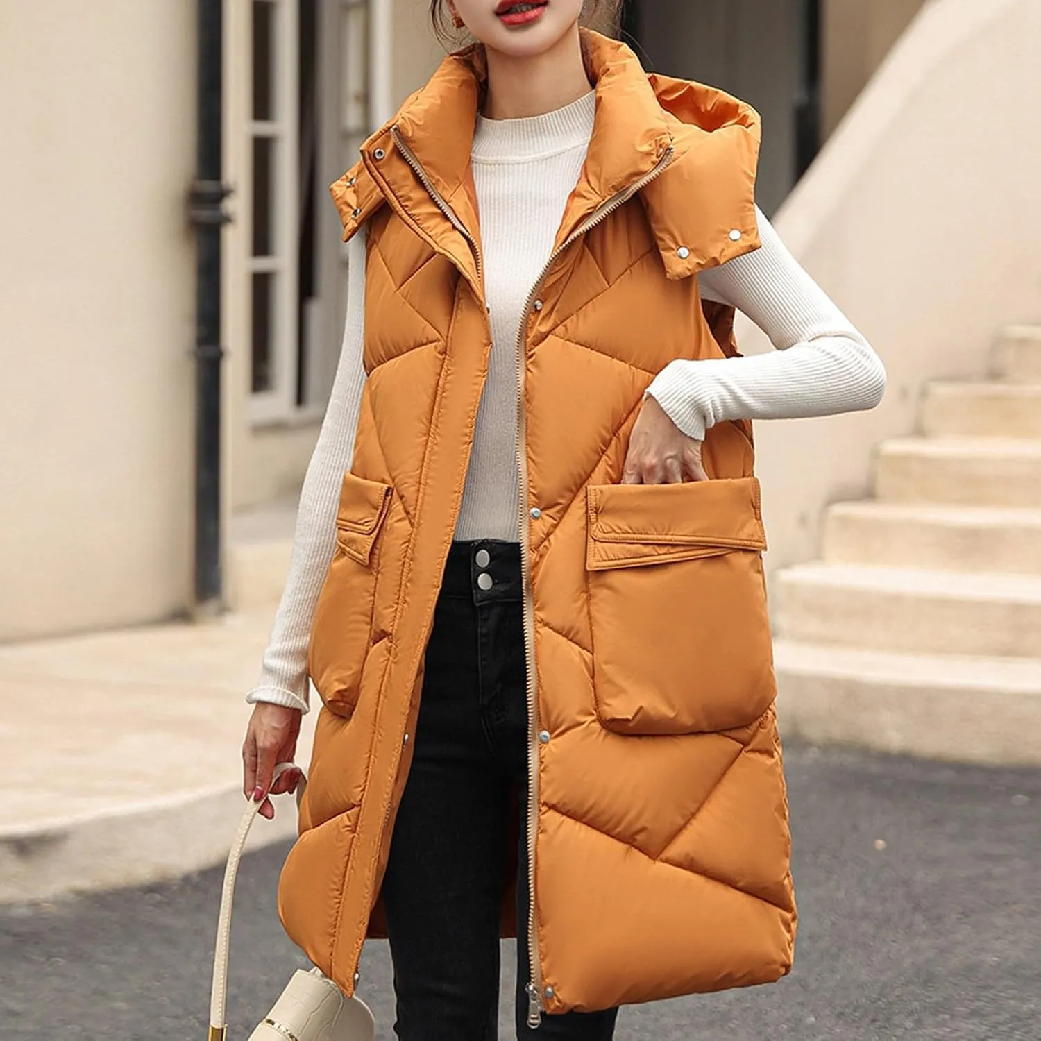 Long Puffer Vest Women Quilted Hooded Zip Up Sleeveless Outerwear Padded Quilted Jackets Winter Trendy Coat 2024