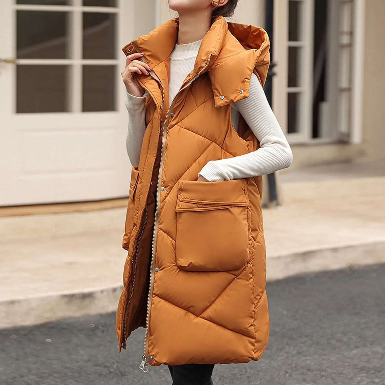 Long Puffer Vest Women Quilted Hooded Zip Up Sleeveless Outerwear Padded Quilted Jackets Winter Trendy Coat 2024