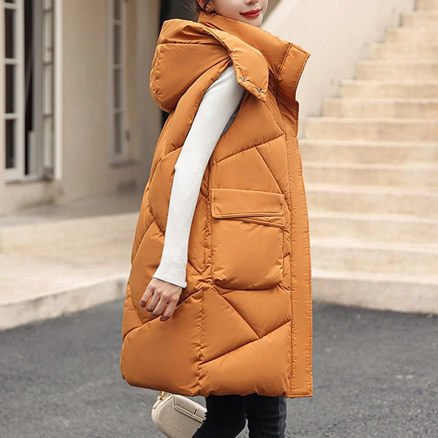 Long Puffer Vest Women Quilted Hooded Zip Up Sleeveless Outerwear Padded Quilted Jackets Winter Trendy Coat 2024