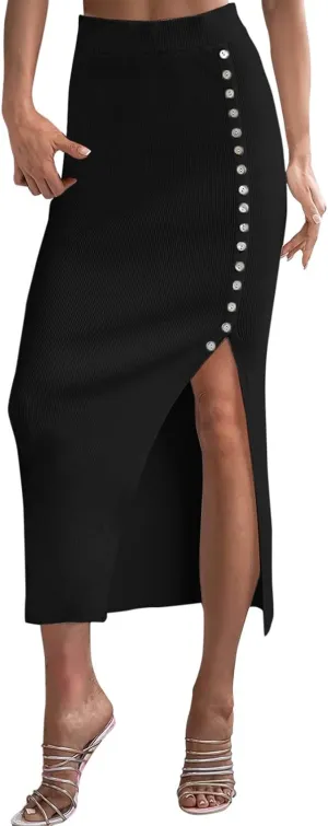 Long Skirts for Women Trendy with Split Button High Elastic Waist Slim Stretchy Workout Pencil Skirts for Ladies