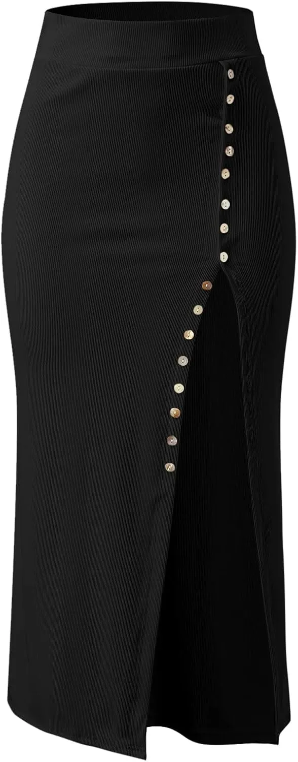 Long Skirts for Women Trendy with Split Button High Elastic Waist Slim Stretchy Workout Pencil Skirts for Ladies