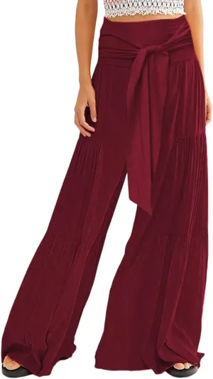 Lrady Women Wide Leg Palazzo Lounge Pants Printed Beach Summer Boho Tie-Waist Bell Bottoms Trousers