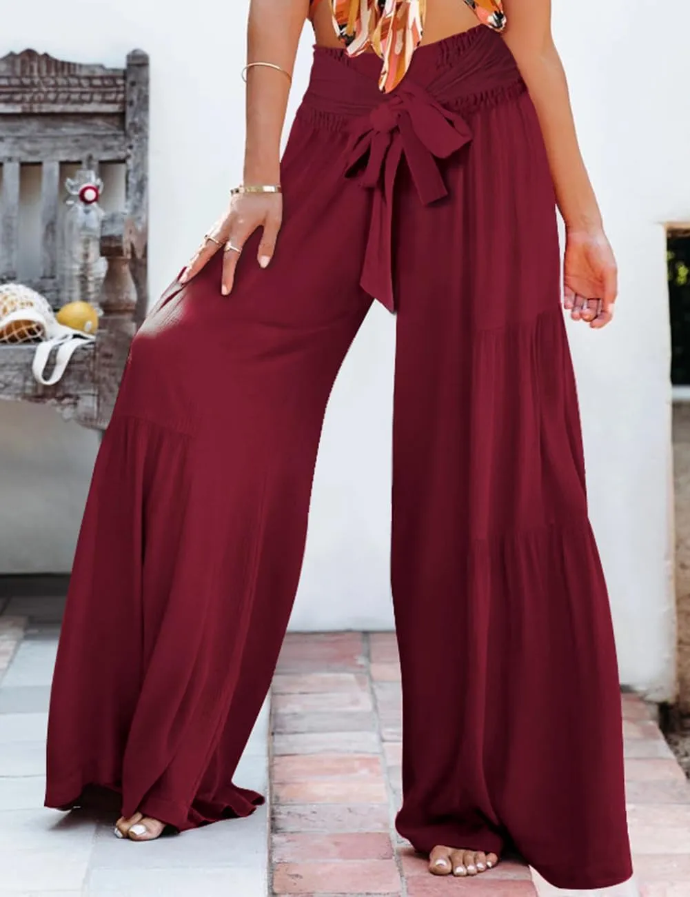 Lrady Women Wide Leg Palazzo Lounge Pants Printed Beach Summer Boho Tie-Waist Bell Bottoms Trousers
