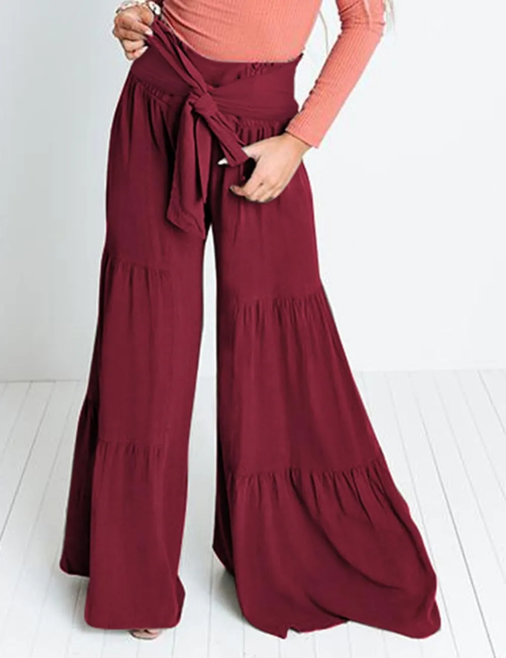 Lrady Women Wide Leg Palazzo Lounge Pants Printed Beach Summer Boho Tie-Waist Bell Bottoms Trousers