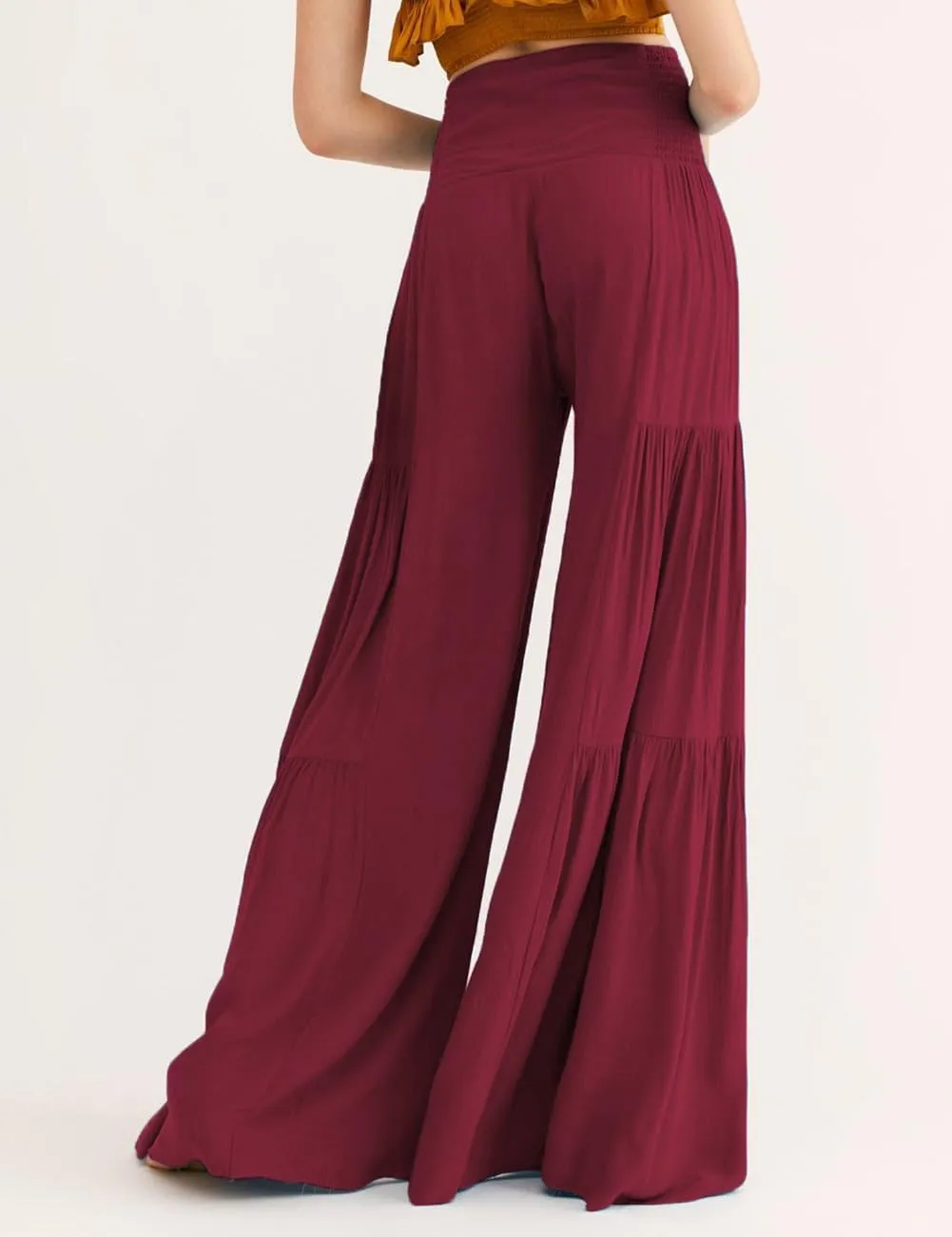Lrady Women Wide Leg Palazzo Lounge Pants Printed Beach Summer Boho Tie-Waist Bell Bottoms Trousers