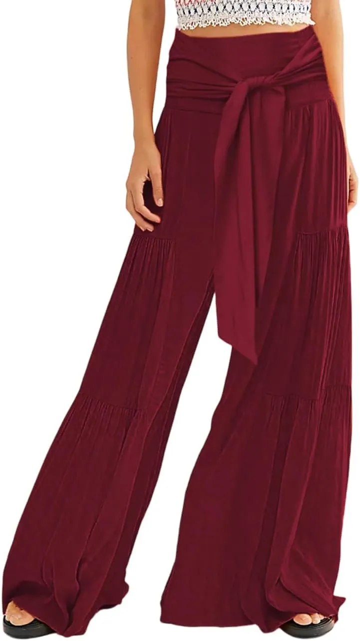 Lrady Women Wide Leg Palazzo Lounge Pants Printed Beach Summer Boho Tie-Waist Bell Bottoms Trousers