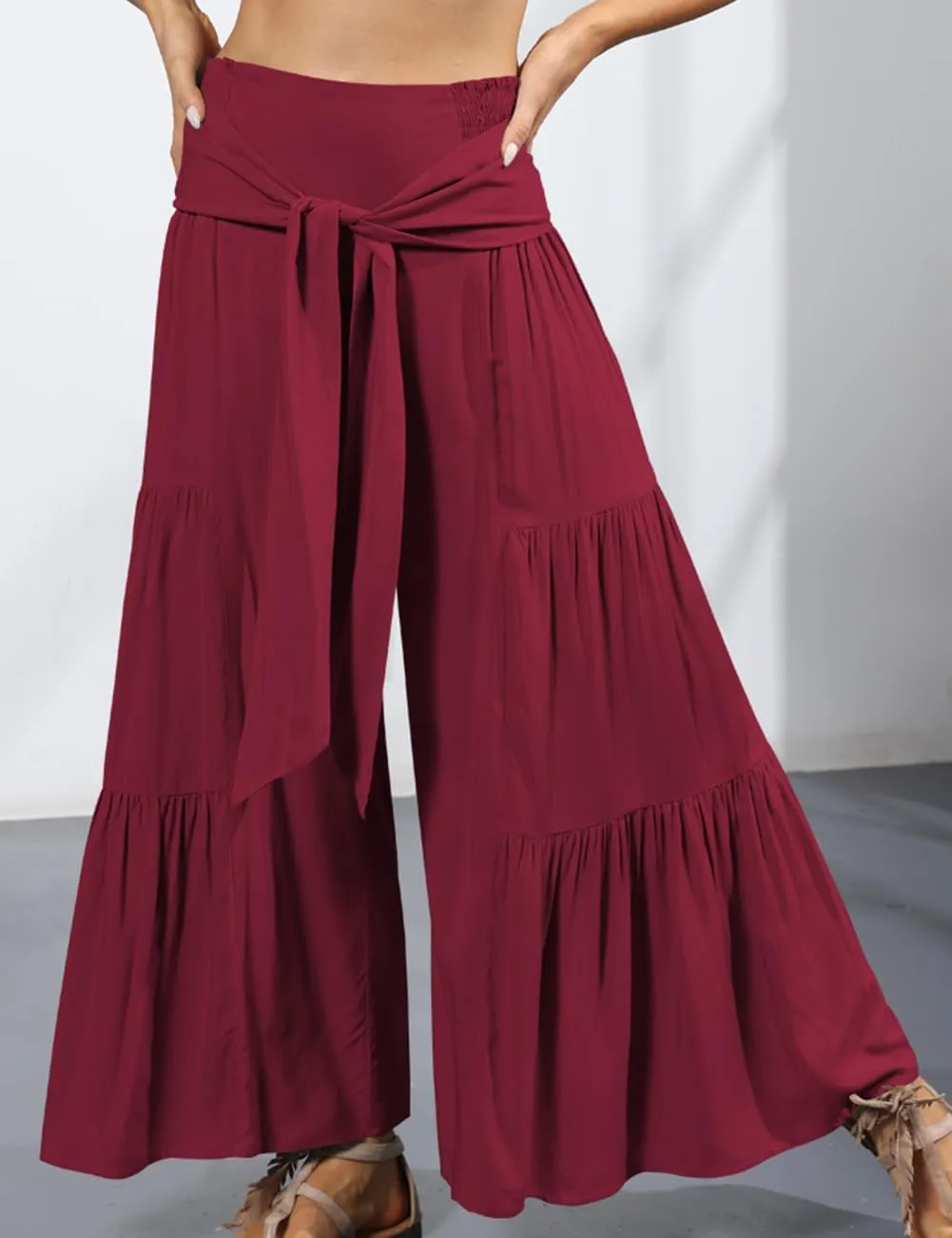 Lrady Women Wide Leg Palazzo Lounge Pants Printed Beach Summer Boho Tie-Waist Bell Bottoms Trousers