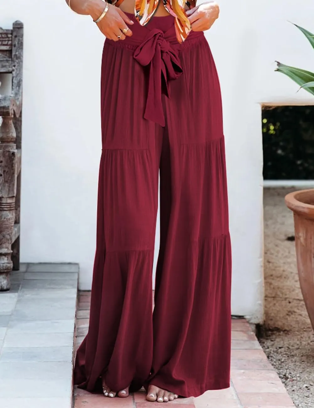 Lrady Women Wide Leg Palazzo Lounge Pants Printed Beach Summer Boho Tie-Waist Bell Bottoms Trousers