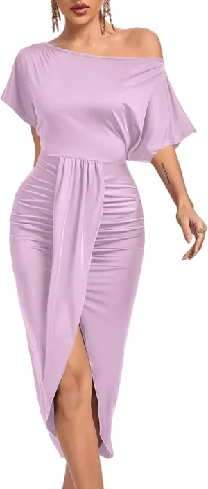 LYANER Women's One Off The Shoulder Ruched Wraps Front Split Hem Draped Party Midi Dress Light Purple X-Large
