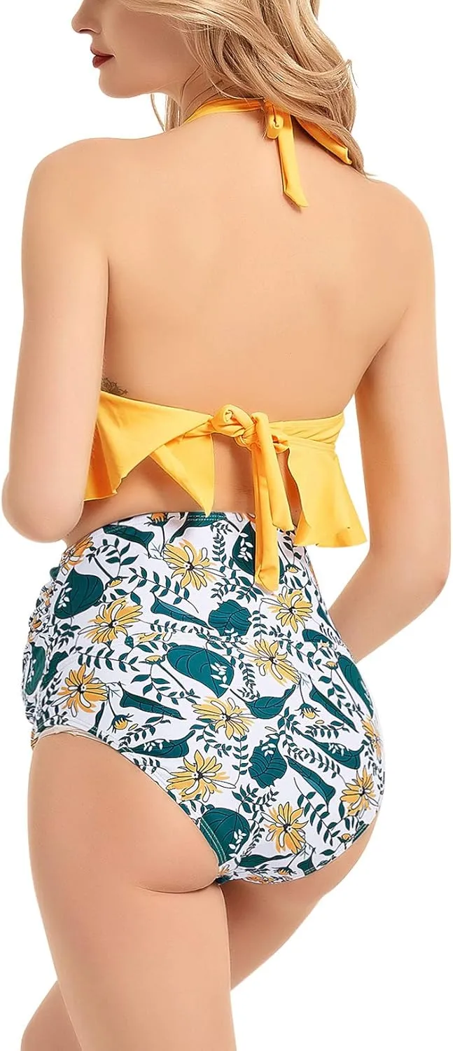 Maternity Swimsuit Two Piece Ruffled Top High Waisted Bottoms Vintage Swimwear Bikini Set Bathing Suits