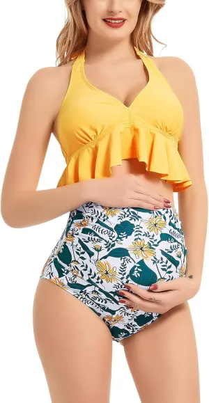 Maternity Swimsuit Two Piece Ruffled Top High Waisted Bottoms Vintage Swimwear Bikini Set Bathing Suits