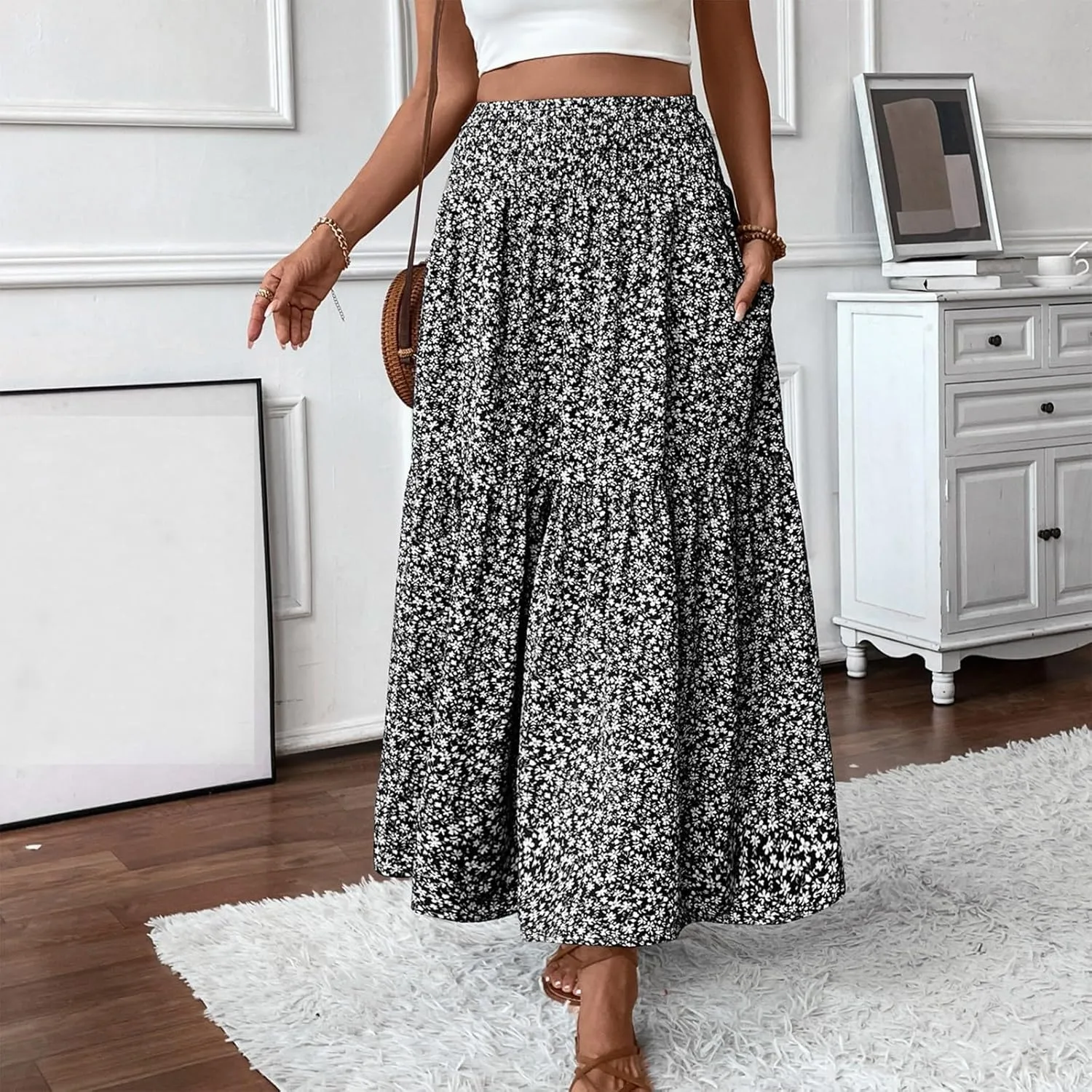 Maxi Floral Skirts for Women Smocked High Waisted Summer Skirt with Pockets Ruffle Tiered Beach Skirt for Vacation