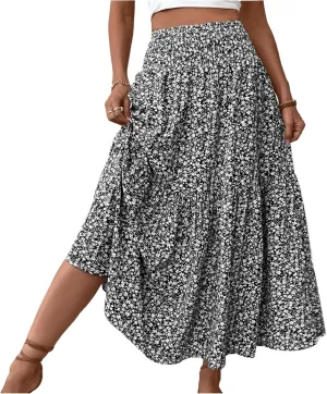Maxi Floral Skirts for Women Smocked High Waisted Summer Skirt with Pockets Ruffle Tiered Beach Skirt for Vacation