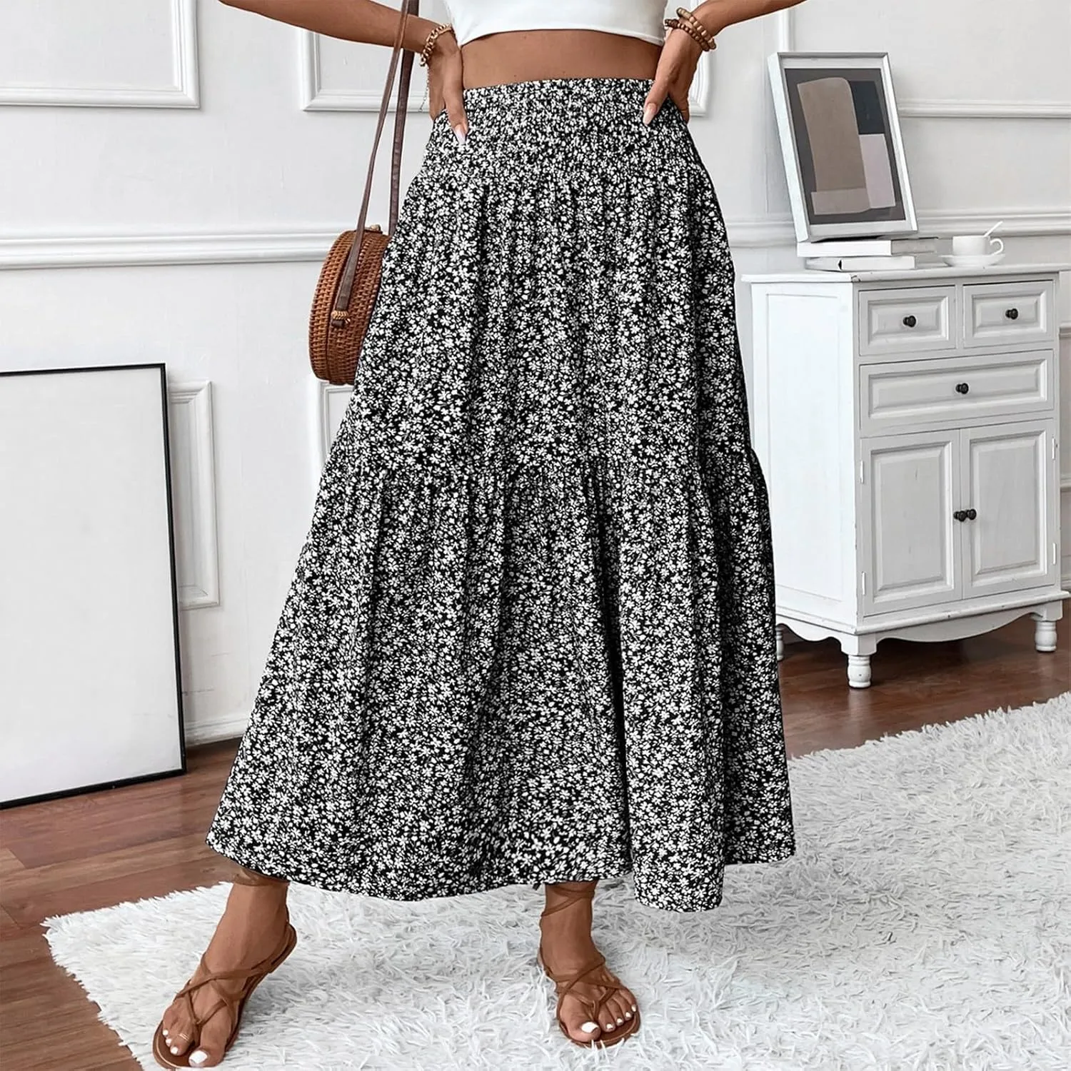 Maxi Floral Skirts for Women Smocked High Waisted Summer Skirt with Pockets Ruffle Tiered Beach Skirt for Vacation