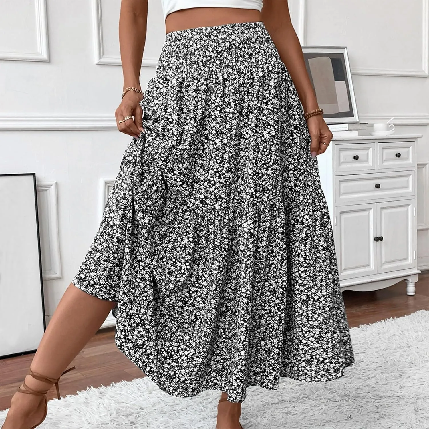 Maxi Floral Skirts for Women Smocked High Waisted Summer Skirt with Pockets Ruffle Tiered Beach Skirt for Vacation