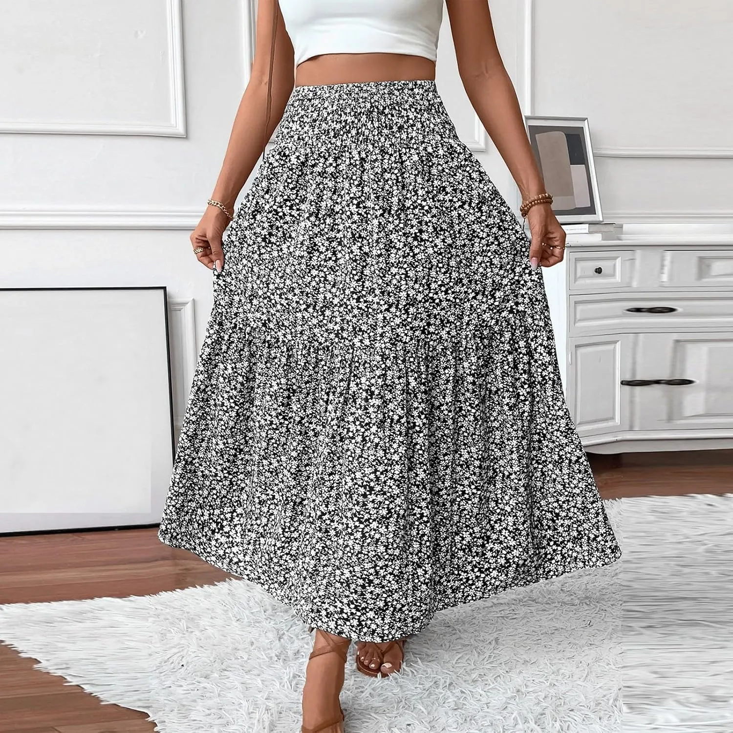 Maxi Floral Skirts for Women Smocked High Waisted Summer Skirt with Pockets Ruffle Tiered Beach Skirt for Vacation