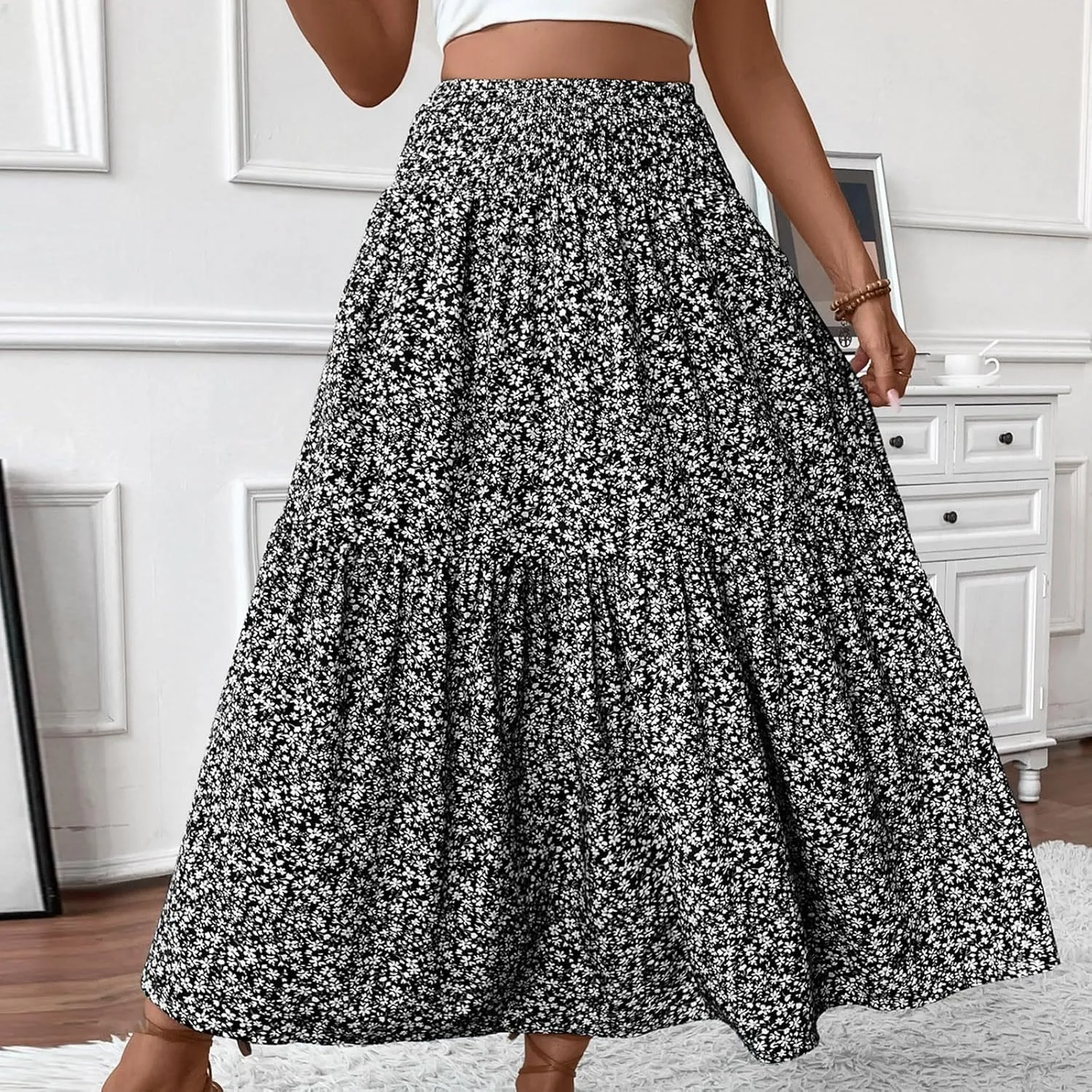 Maxi Floral Skirts for Women Smocked High Waisted Summer Skirt with Pockets Ruffle Tiered Beach Skirt for Vacation