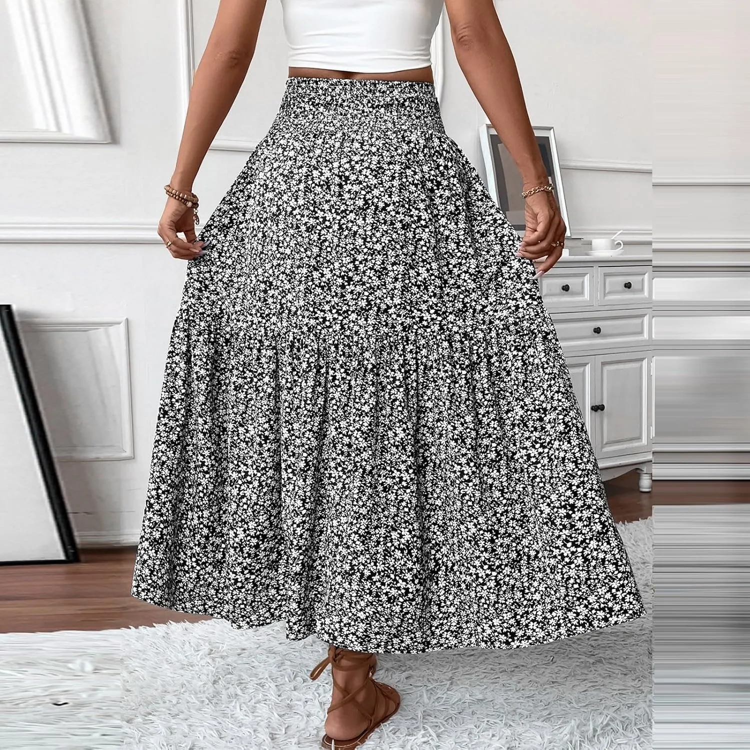 Maxi Floral Skirts for Women Smocked High Waisted Summer Skirt with Pockets Ruffle Tiered Beach Skirt for Vacation