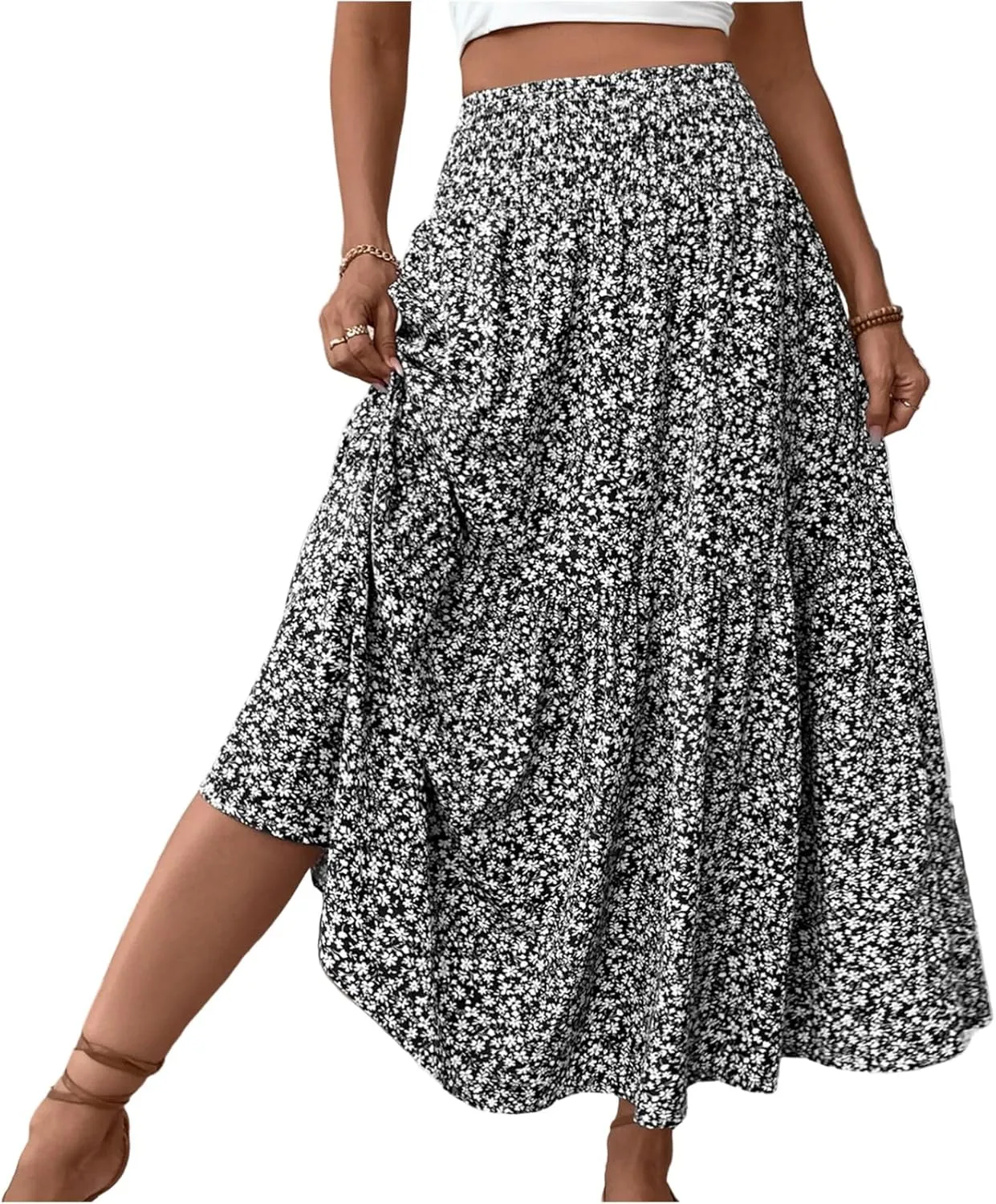 Maxi Floral Skirts for Women Smocked High Waisted Summer Skirt with Pockets Ruffle Tiered Beach Skirt for Vacation