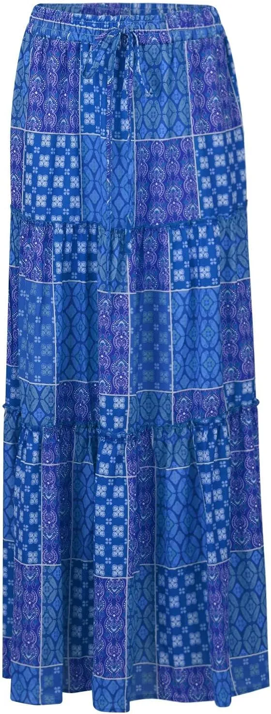 Maxi Skirts for Women Beach Boho Skirts Flowy Swing High Waisted Ruffle Tiered Summer Floral Skort with Pockets