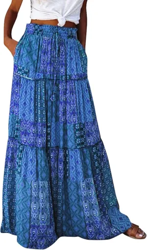 Maxi Skirts for Women Beach Boho Skirts Flowy Swing High Waisted Ruffle Tiered Summer Floral Skort with Pockets